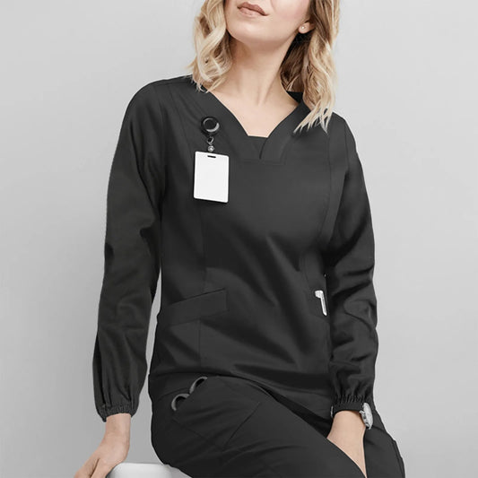 Care Workers Nurse Uniform Women's Solid Sleeve Tops Pocket V-Neck Solid Color Medical Uniform Nursing Scrubs Top Working