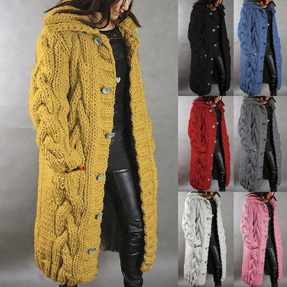 Women Long Coat Cardigan Sweater Pocket Hood Large Size Single Breasted Female Clothing Crochet Cardigan Tops Women Sweater