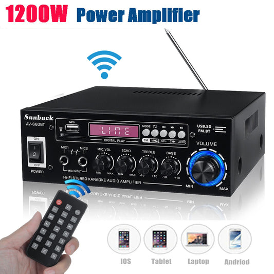 AV-660BT 2000W bluetooth 5.0 Audio Power Amplifier EQ Stereo AMP Car Home 2CH AUX USB FM Radio