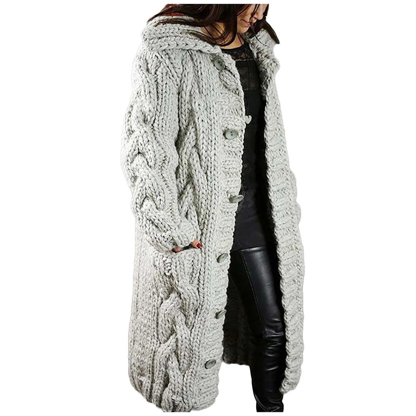 Women Long Coat Cardigan Sweater Pocket Hood Large Size Single Breasted Female Clothing Crochet Cardigan Tops Women Sweater