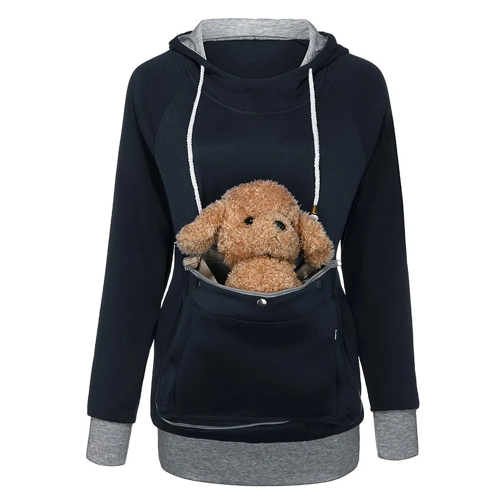 Winter Plush Pet Carrier Hoodie for Women Fleece Warm Pullover with Large Pocket Coat Kangaroo Dog Cat Pouch Cute Hoodies Sweatshirts