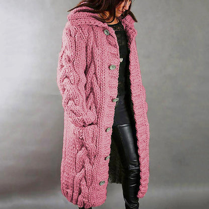 Women Long Coat Cardigan Sweater Pocket Hood Large Size Single Breasted Female Clothing Crochet Cardigan Tops Women Sweater