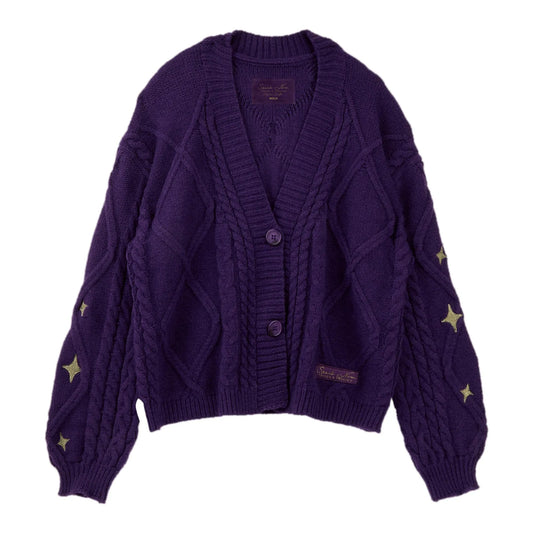 Vintage Knitted Cardigan Purple Women Star Button Knit Loose Sweater Coat Long Sleeve Autumn Winter Warm Preppy Knitwears