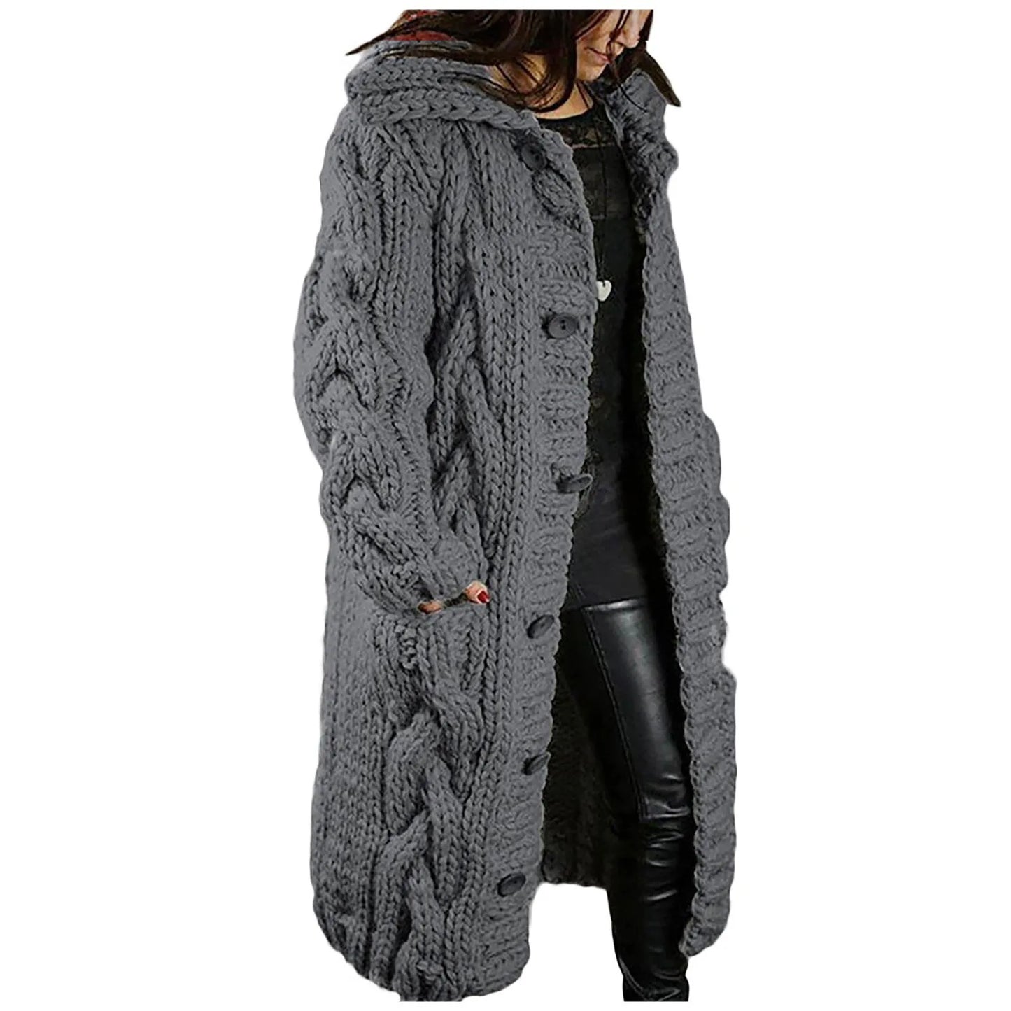 Women Long Coat Cardigan Sweater Pocket Hood Large Size Single Breasted Female Clothing Crochet Cardigan Tops Women Sweater