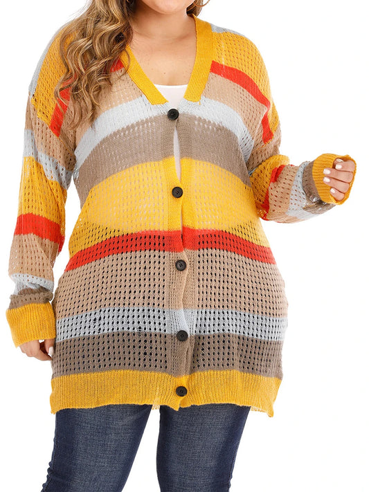 Women's Plus Size Knit Cardigan Multicolor Striped Long Sleeve V-Neck Button Down Loose Fit Sweater Coat with Pockets