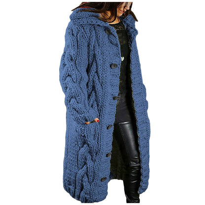 Women Long Coat Cardigan Sweater Pocket Hood Large Size Single Breasted Female Clothing Crochet Cardigan Tops Women Sweater