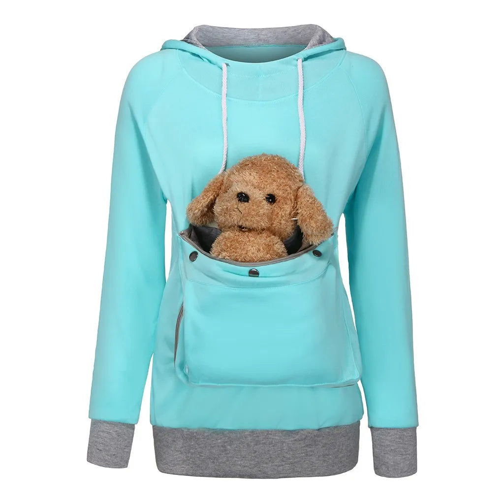 Winter Plush Pet Carrier Hoodie for Women Fleece Warm Pullover with Large Pocket Coat Kangaroo Dog Cat Pouch Cute Hoodies Sweatshirts