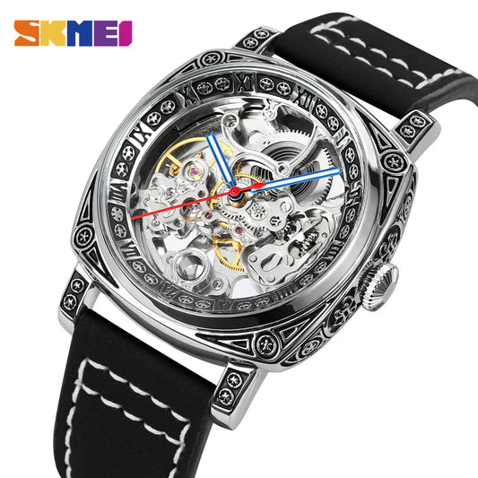 Luxury Leather Strap Men's Automatic Watch SKMEI Top Brand Simple Mechanical Wristwatch Waterproof Clock for Men