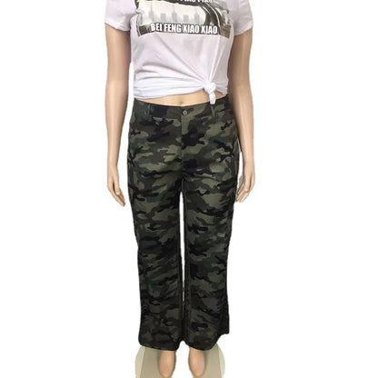 Perl Plus Size High Waist Camouflage Cargo Pants for Women Fashionable Casual Straight Trousers Eye Catching Street Lady Clothing