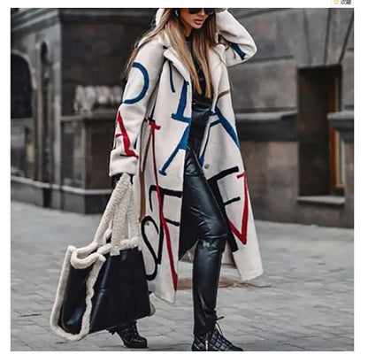 Fall Winter Elegant Women Fashion Lapel Collar Button Long Tops Outwear Casual Pattern Colorful Print Patchwork Cardigan Coats