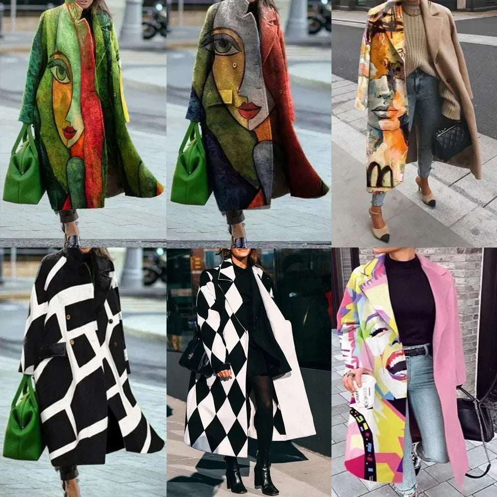 Fall Winter Elegant Women Fashion Lapel Collar Button Long Tops Outwear Casual Pattern Colorful Print Patchwork Cardigan Coats