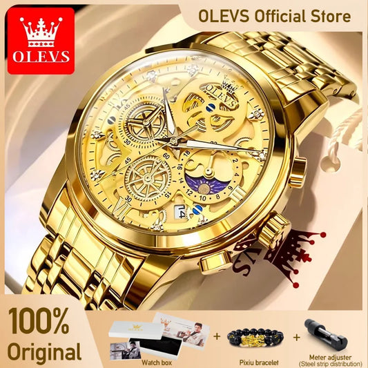 OLEVS Men's Watches Top Brand Luxury Original Waterproof Quartz Watch for Man Gold Skeleton Style 24 Hour Day Night New