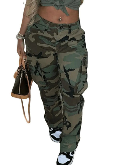 Perl Plus Size High Waist Camouflage Cargo Pants for Women Fashionable Casual Straight Trousers Eye Catching Street Lady Clothing