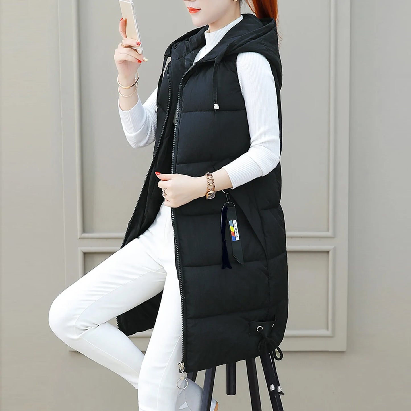 Women Solid Hooded Vest Zipper Pocket Loose Womens Vests Outerwear Sleeveless Jacket Long Coat Vests Woman Winter 2023 Coats