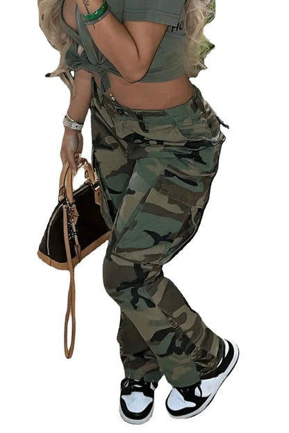 Perl Plus Size High Waist Camouflage Cargo Pants for Women Fashionable Casual Straight Trousers Eye Catching Street Lady Clothing