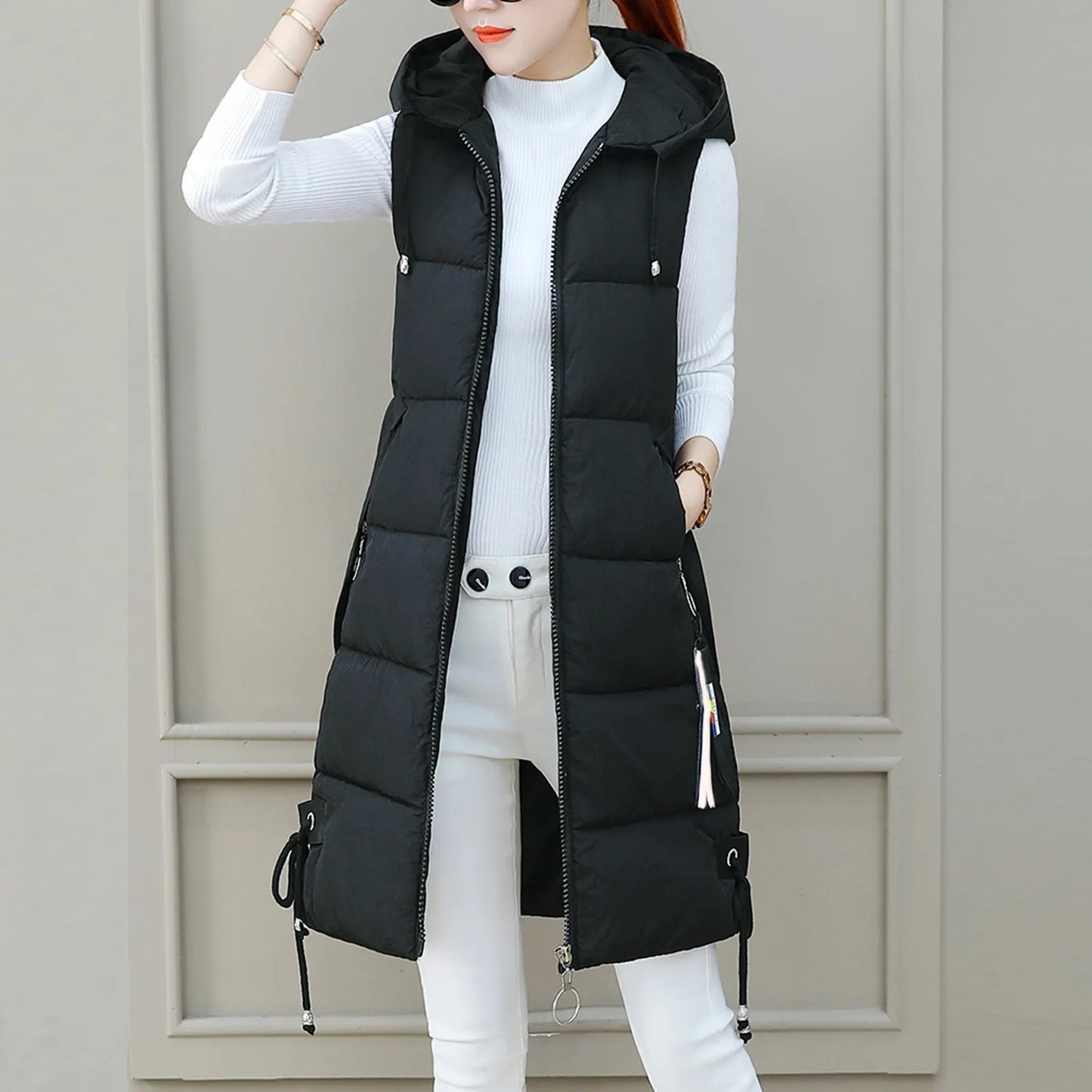 Women Solid Hooded Vest Zipper Pocket Loose Womens Vests Outerwear Sleeveless Jacket Long Coat Vests Woman Winter 2023 Coats