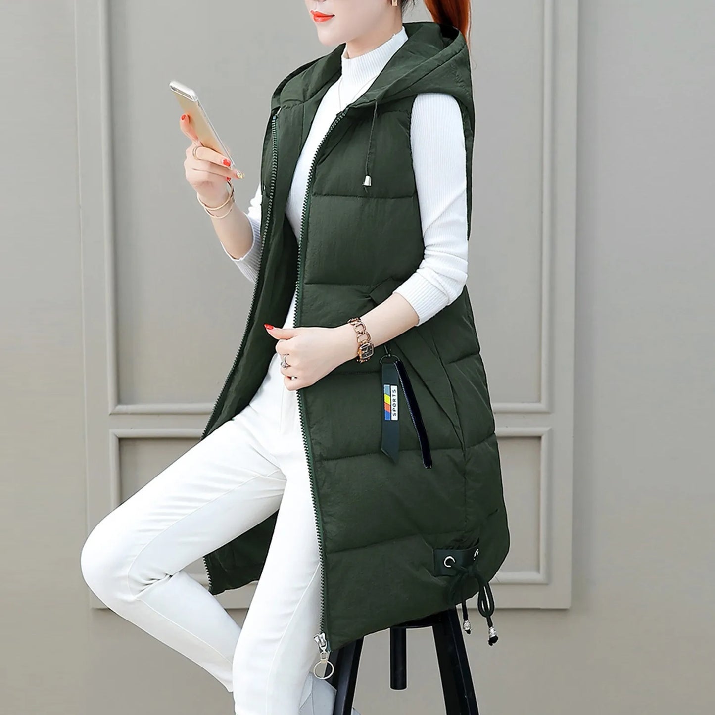 Women Solid Hooded Vest Zipper Pocket Loose Womens Vests Outerwear Sleeveless Jacket Long Coat Vests Woman Winter 2023 Coats