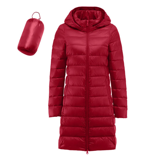 Women's Hooded Warm White Duck Down Coat Winter Puffy Windproof Outddor Jackets Solid Color Hood Removable Woman Overcoat