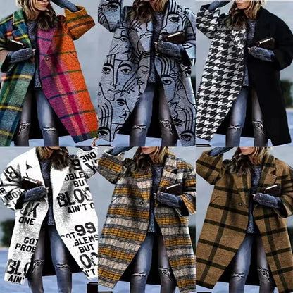 (XXL & XXXL ONLY) Fall Winter Elegant Women Fashion Lapel Collar Button Long Tops Outwear Casual Pattern Colorful Print Patchwork Cardigan Coats