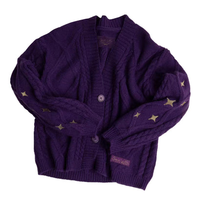 Vintage Knitted Cardigan Purple Women Star Button Knit Loose Sweater Coat Long Sleeve Autumn Winter Warm Preppy Knitwears